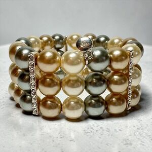 RMN Faux Pearl Stretch Cuff Bracelet Champagne Gray Rhinestone Wide Bracelet
